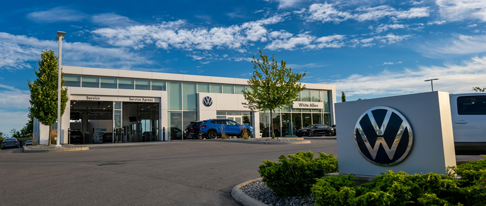 White Allen Volkswagen on Springboro Pike in Dayton, Ohio, seen from the customer lot